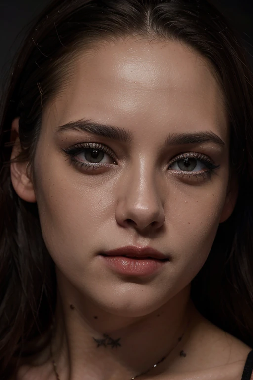 Kristen Stewart,sexy,detailed eyes,detailed lips,extremely detailed eyes and face,long eyelashes,oil painting,ultra-detailed,vivid colors,studio lighting,bokeh,horror,colorful lighting,highres,portrait,loose messy hair,confident expression,piercing gaze,so...