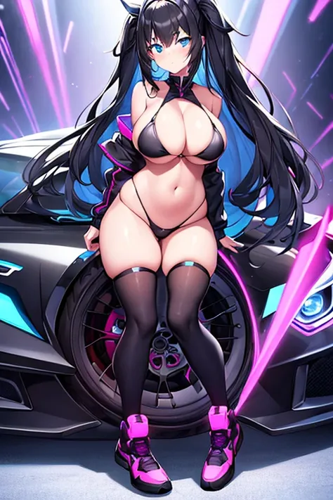 1girl, wide hips, large breasts, wide hips, black hair, long hair, blue eyes, futuristic, machinery, science-fiction, tech, shoes, sneakers, neon trim, v-string, bikini, black bikini, black clothes, purple neon trim, full body, car, sports car, shy, blushi...