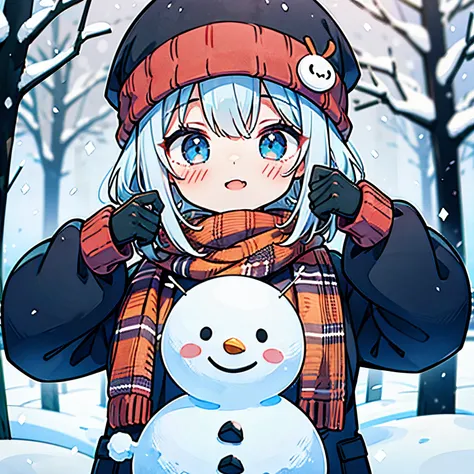 Winter season　outside description　Its snowing　snowman　wearing a sweater　kawaii faces　teens girl　knit hat　gloves　muffler