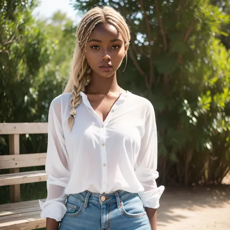 solo ((full shot)) of an attractive ((somalian dark brown skin young woman ))she is beautiful and petite wearing a ((white blonde hair )) ash blonde hairstyle dark brown skin girl )) cute plaid  red shirt and shorts  on a petite woman ((lifelike skin textu...