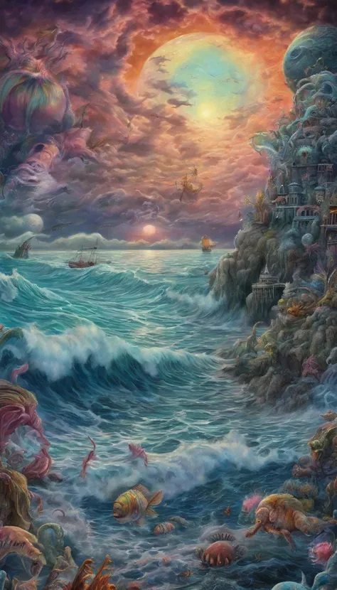 Psychedelic ocean scene, Fantasy horror, colorful nightmare, Moon monsters and scary creatures