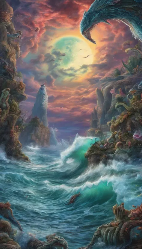 Psychedelic ocean scene, Fantasy horror, colorful nightmare, Moon monsters and scary creatures