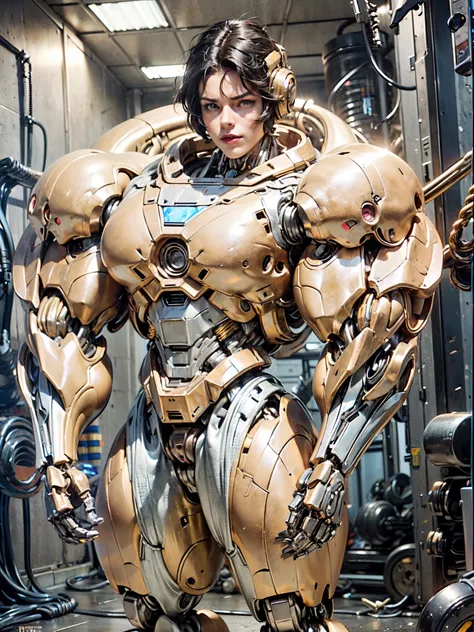 (beautiful female sex droid:1.5), (female mecha cyborg face:1.5), (covered in cables and mechanical muscles:1.5), (robotic mecha...