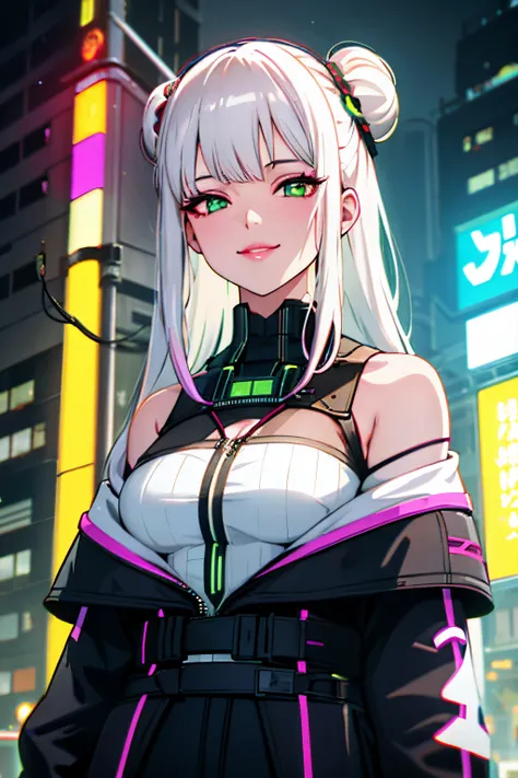 1girl, solo, white hair, hair in two buns, barcode, looking at viewer, lips, chromatic aberration, alluring smirk, long hair, upper body, off shoulder, android, shirt, cyberpunk, glowing green eyes,science fiction, cable,neon lights,(cyberpunk:1.2), lookin...