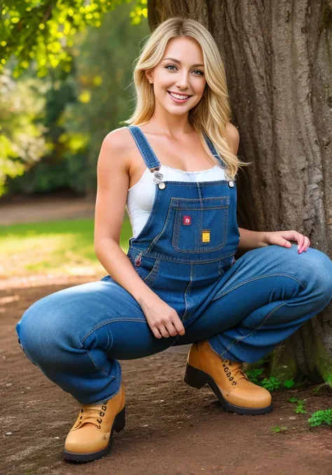 beautiful 30 year old girl, shirtless overalls, denim overalls, squatting at the foot of a big tree, sexy bra and panties, attra...