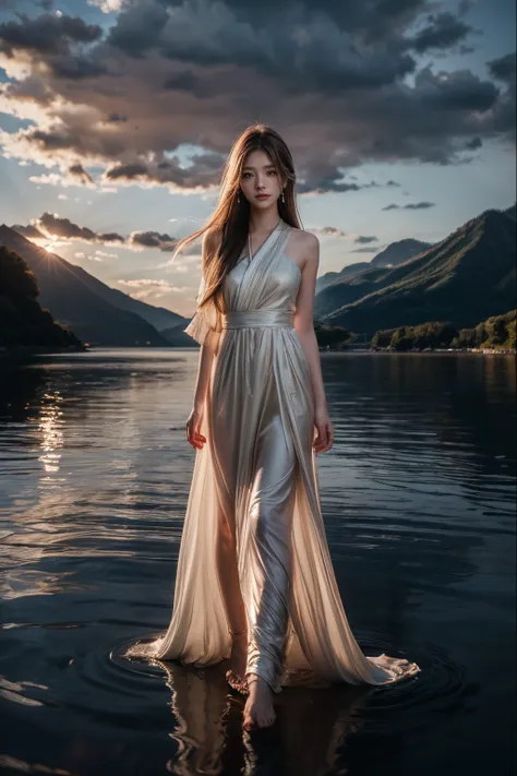 1 girl, with a calm expression, mesmerizing eyes, straight long hair, A flowing dress, A calm posture, porcelain skin, Subtle blush, Crystal pendantBREAK Golden Hour, (edge lit):1.2, a warm color palette, sunflare, soft shade, vivd colour, painterly effect...