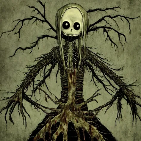 salad fingers by David Firth taken over by "The Thing"  thingified ,centered creepy,gore, and bloody. Starring with dark gapijg black eyes smiling creepy full body portarit  and only has 3 long fingers on each hand touching rusty spoons