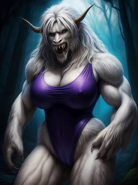 "(high quality, masterpiece, realistic, 8k) solo, Woman transformed into a Yeti, Fur, Hair, Muscular, Hard Abs, Thicc, Busty, Sharp Teeth, Fangs, Claws, BREAK, (Black highleg leotard)," monster,