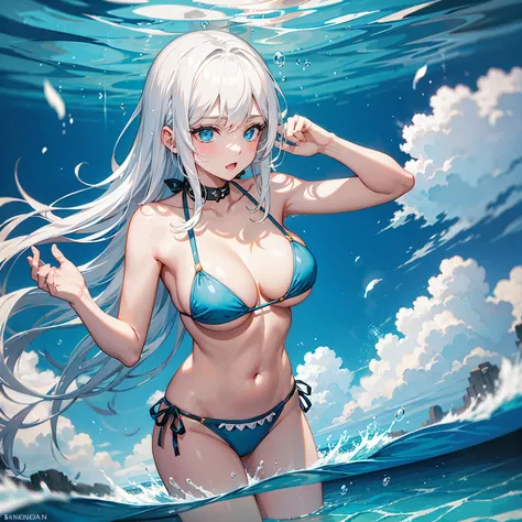 1 boy, bikini, big breast, girly, under water, sea water, White hair, Surrealism, 8k, super detail