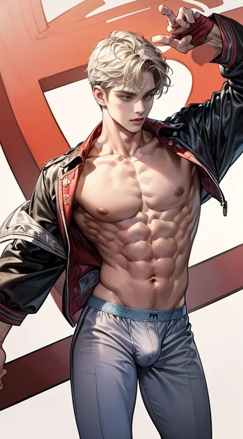 (masterpiece best quality 8k ultra-detailed:1.5) ultra realistic, solo standing male, muscular handsome (((perfect face,perfect eyes))) (topless) (undercut), anime style, illustration, (((underwear, big bulge))), realistic shade, sharp, detailed beautiful ...