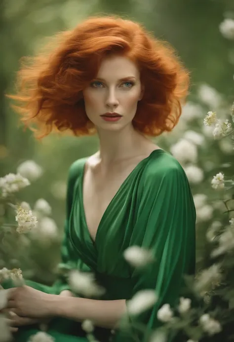 creates an image of a pale ginger red-haired woman in green clothes flowered with white