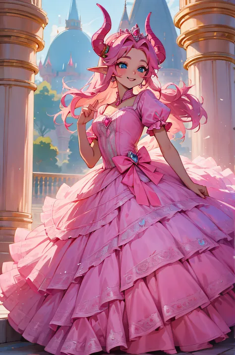 Anime elf girl, With horns on head, Princess, pink dress, Standing in palace, pink hair, blue eyes, 4k, ultra hight quality, perfect body, cute face, Smiling,