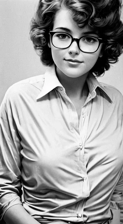 Realistic 80s photo on monochrome film; modest shy young plump Russian woman 38 years old, beautiful proportional round face, round cheeks, Round chin, Big shiny brown eyes, eyeglasses, small snub-nose, parted sensual lips, Serious, calm pleasant smile, me...