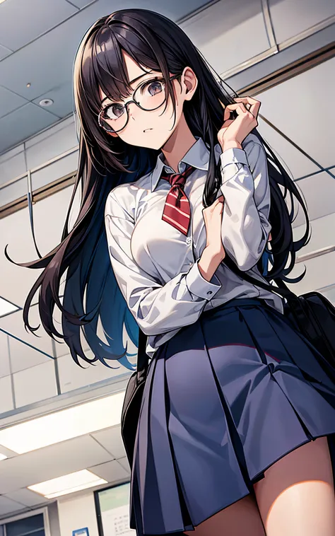 Wearing glasses、She is wearing a high school uniform、At the podium in the gymnasium、giving a serious speech、I looked up at the figure from below.