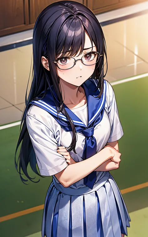 Wearing glasses、She is wearing a high school uniform、At the podium in the gymnasium、giving a serious speech、I looked up at the figure from below.