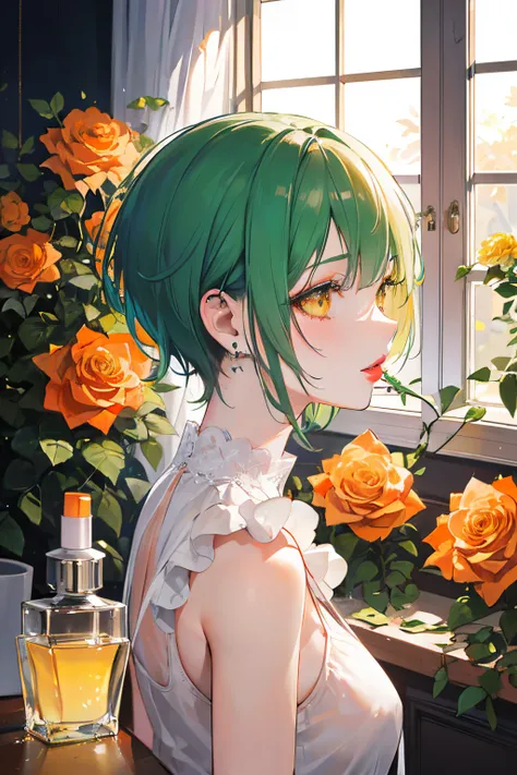 ((​masterpiece,hight resolution,8K picture quality,top-quality)),1girl in,((extra detailed face)),a 20 yo woman,Sateen,Delicate eyes,Yellow eyes,((hairstyle on:buzzcut)),Green hair,Dramatic makeup,profile,Large piercings,Cool Face,((smooth lips,Orange Lips...