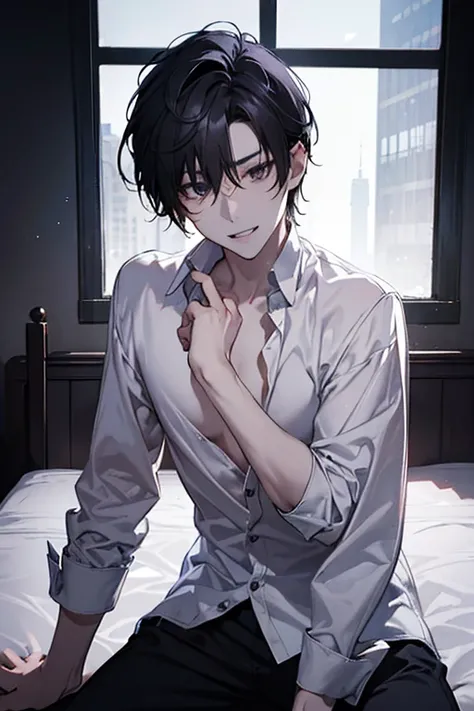 1 Boy, dark hair, short hair, white shirt, black slacks, on sheets, (kneeling:1.0), (bare ones shirt:1.0), (open clothes:1.5）, cool, (sexy:1.3), Fascinating, evil smile,(parted lips), pale skin,(background: on bed in bedroom), (Facing forward.:1.0),(Lookin...