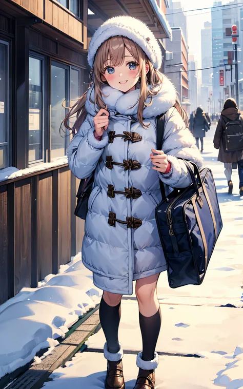 cold winter、in the falling snow、She is wearing a fluffy duffel coat.、walk the way to high school、She approached me and greeted me with a smile.