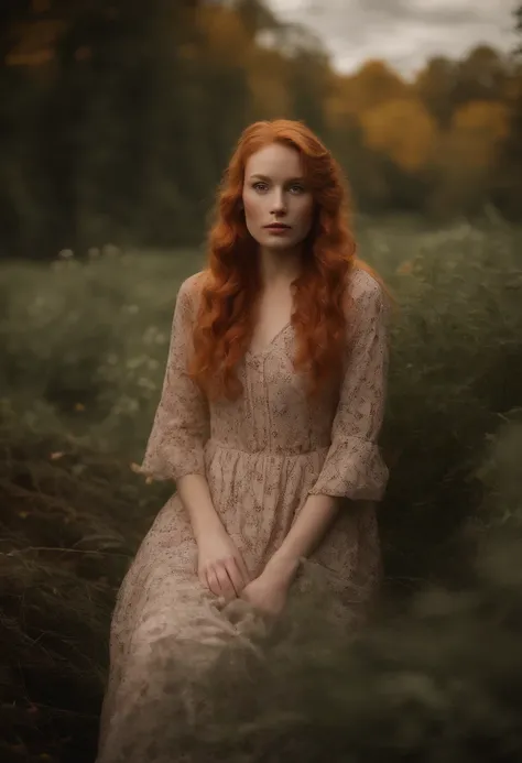 Portrait Focused Realistic Photography of Pale Ginger Orange Redhead Girl in the Forest with Medium Dress and Medium Sleeves Black Flower and Carnation Orange and Red Roses Prints. On a green lake with leaves all around reflecting the sky Warm lights hangi...