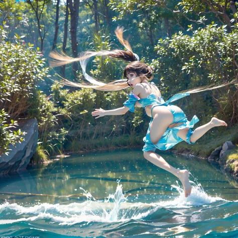 (8K, Original photography, Top image quality, masterpiece: 1.4), hyper HD, (Realistic, 真实感: 1.48), realisticlying, A high resolution, softlighting. Tiny Girls, girl jumping into the water、Falling、jump into the water, diving to water surface