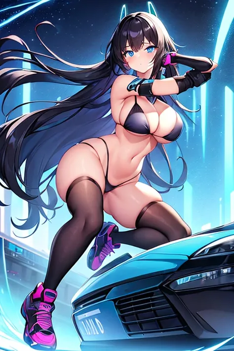 1girl, wide hips, large breasts, black hair, long hair, blue eyes, futuristic, machinery, science-fiction, tech, shoes, sneakers, neon trim, v-string, bikini, black bikini, black clothes, purple neon trim, full body, car, sports car, shy, blushing, blush, ...