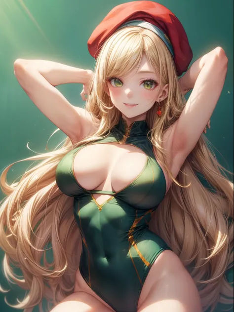 top-quality、Full limbs、complete fingers、Slender beauty、Women with straight hair、(Women with blonde hair)、Longhair Woman、(Red beret)、(Beautiful busty woman:1.3)、(A woman wearing a yellow-green leotard)、A big smile、gym