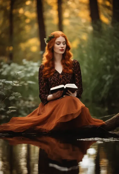 Portrait Focused Realistic Photography of Pale Ginger Orange Redhead Girl in the Forest with Medium Dress and Medium Sleeves Black Flower and Carnation Orange and Red Roses Prints. On a green lake with leaves all around reflecting the sky Warm lights hangi...