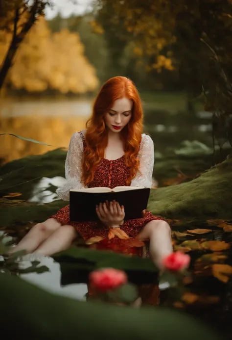 Portrait Focused Realistic Photography of Pale Ginger Orange Redhead Girl in the Forest with Medium Dress and Medium Sleeves Black Flower and Carnation Orange and Red Roses Prints. On a green lake with leaves all around reflecting the sky Warm lights hangi...