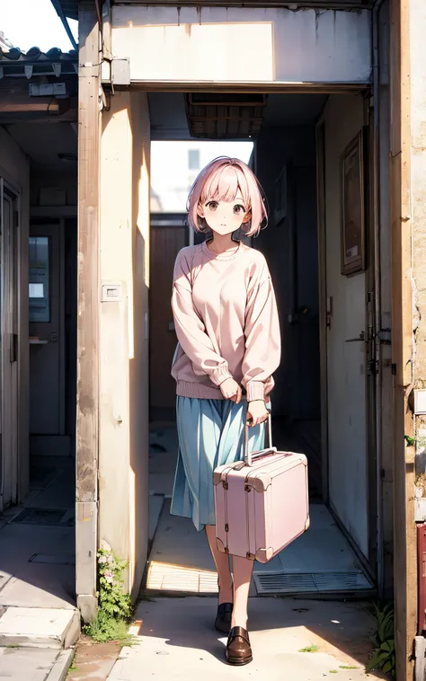 springtime、She has a short cut、Light pink color、Wearing a light sweater、In front of the entrance of an old apartment room、carrying cardboard luggage、