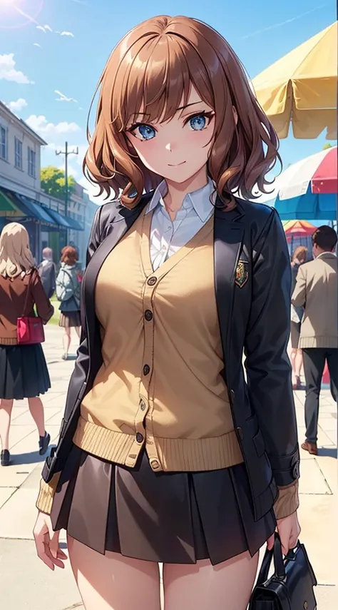 ((master part, best quality, Altas, UHD, pixel perfeito, profundidade de campo, 4k, RTX, HDR))), 1girl, only one, sozinho, menina anime bonita, estilo de arte bonito, personagem de anime, ((cabelos longos, franja, brown hair, curly hair:0.8)), ((olhos verm...