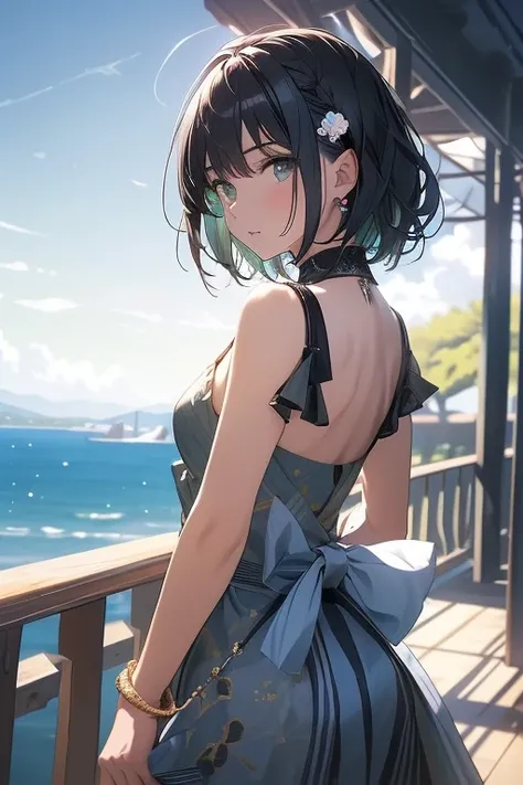 Masterpiece, top quality, one girl, pretty girl, beautiful blue sky, mahjong tile in right hand, mahjong player, woman with slave collar, short hair, really fluffy hair, black hair with grey highlights, hair blowing in wind, green eyes, soft expression, wh...