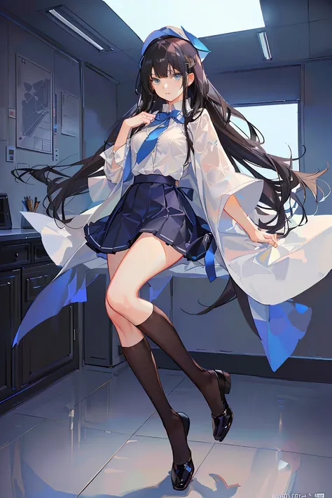 an anime girl, 1 person, black hair, hair clip on the right side of her bangs, black cap, light blue eyes, white womens shirt, small light blue bow on the chest, office uniform, shirt  close-fitting, tight skirt, stockings,full body, big breasts, front vie...