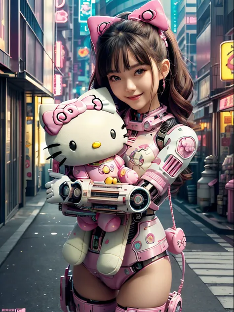 best quality, 4K wallpaper, masterpiece, extremely detailed CG unity 8k wallpaper, extremely detailed eyes, ultra-detailed, intricate details,
1girl, scifi, (h1c4tt3ch mecha, hugging hello kitty doll, cyberpunk, neon city happy, smile, hello kitty, adorab...