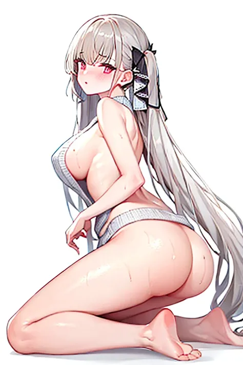 masterpiece, best quality, nfsw, best quality, extremely detailed, 1girl, absurdres, alternate costume, ass, bare shoulders, barefoot, black ribbon, blush, breasts, butt crack, closed mouth, formidable, from side, hair ribbon, highres, kneeling, large brea...