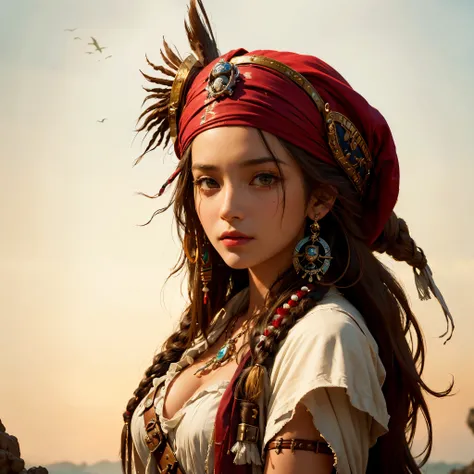 Generate a detailed and creative description of a female Jack Sparrow. Envision her appearance, clothing, and accessories with a unique and captivating twist while maintaining the essence of Jack Sparrow from Pirates of the Caribbean. Emphasize her persona...