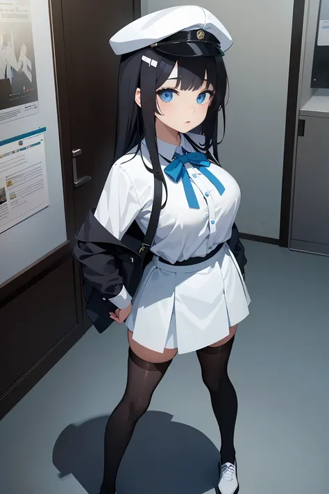 an anime girl, 1 person, black hair, hair clip on the right side of her bangs, black cap, light blue eyes, white womens shirt, small light blue bow on the chest, office uniform, shirt  close-fitting, tight skirt, stockings,full body, big breasts, front vie...