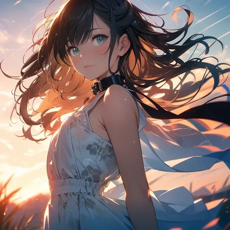 Masterpiece, best quality, one girl, pretty girl, beautiful blue sky, hand holding mahjong tile, woman with slave collar, short hair, really fluffy hair, black hair with gray highlights, hair blowing in wind, green eyes, soft expression, white dress, stari...