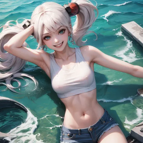 harley queen,White wet tank top,hotpants,Water dripping from the crotch,sexy smiling,Small bust,