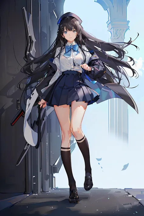 an anime girl, 1 person, black hair, hair clip on the right side of her bangs, black cap, light blue eyes, white womens shirt, small light blue bow on the chest, office uniform, shirt  close-fitting, tight skirt, stockings,full body, big breasts, front vie...