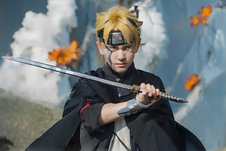 1man, boruto, realistic, ultra detail, 7 mm lens, short hair, yellow hair, black jacket, holding sword,