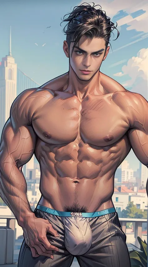 (masterpiece best quality 8k ultra-detailed:1.5) ultra realistic, solo standing male, muscular handsome (((perfect face,perfect eyes))) (topless) (undercut), anime style, illustration, (((underwear, big bulge))), realistic shade, sharp, detailed beautiful ...