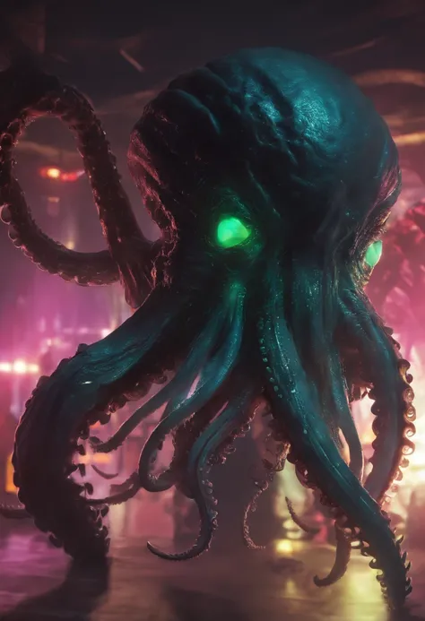 Giant octopus monster，Cthulhu in the Cthulhu Mythos，(glowing light eyes:1.5)，with her mouth open，dongquan，extremly high detail，High chiaroscuro，4K，unreal 5 render，Best quality，tmasterpiece，Rendered by Octane，Looking directly at，extremely dangerous，The huge...