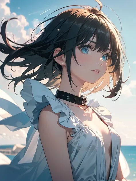 masterpiece, best quality, one girl, pretty girl, beautiful blue sky, woman with slave collar, short hair, really fluffy hair, black hair with gray highlights, hair blowing in the wind, green eyes, soft expression, white dress, staring at the sky, breathta...