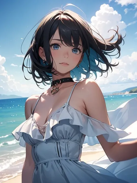 masterpiece, best quality, one girl, pretty girl, beautiful blue sky, woman with slave collar, short hair, really fluffy hair, black hair with gray highlights, hair blowing in the wind, green eyes, soft expression, white dress, staring at the sky, breathta...