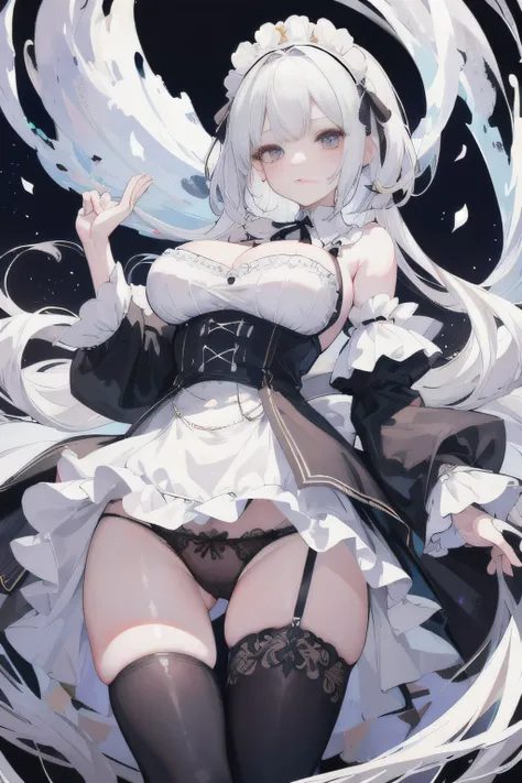 1 busty girl,A high resolution, high high quality, tmasterpiece, white dresses, exposed bare shoulders, White hair，Black colored eyes, Erotic maid outfit, ribbons，exposing her breasts，Gorgeous white palace background，Incredibly intricate black ribbon headd...