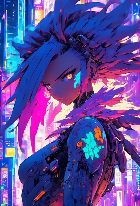 The most beautiful and gorgeous cyberpunk girl, Gorgeous Hair in Long Purple, Orange eyes, Wearing highly detailed futuristic combat armor, Mechanical Angel Wings, Glowing aura, Tattoos and piercings, cherry blossoms fluttering in the wind, The network cit...