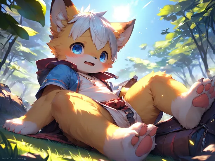 Alone,(bellway:0.8),(shota,Gamine,cub,young，catss，Yellow fur，adorable expression，toddlers，Blue pupil，A yellow-haired one，A lock of white hair，A boy with）correct hand，Correct foot shape，Sit on grass，Open your legs，Put one paw between your legs，raised his ha...