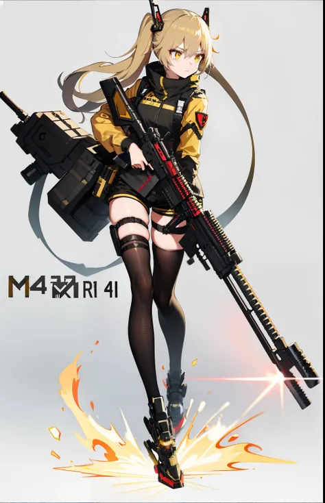 Anime girl with gun in hand,, Girly frontline style, M4 Sopmod II Girls Frontline, Detailed details, Wearing black and yellow combat uniforms，Black skinny shorts，（Three people with expressionless faces），blackstockings，extremly high detail，Long ponytail on ...