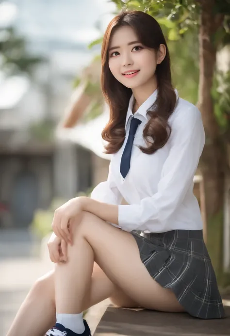 a beauty girl, (Skirt lifting), looking in camera, Angle from below, Short skirt, Squatting, Shy smile, Japan school uniform , Beautiful skin, ((of the highest quality, 16 K, masutepiece: 1.3)), 1 girl, Light on Face, hyperdetailed face, very detailed lips...