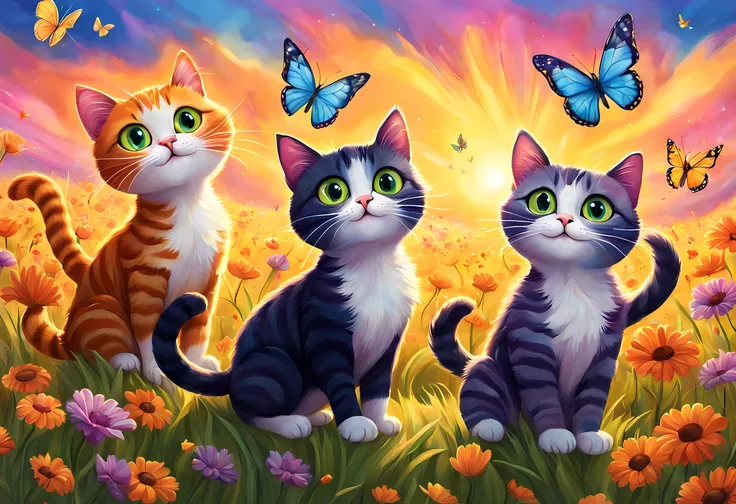 cute cartoon, cutecartoonaf, (cute cartoon style:1.3), a group of playful and imaginative cats, their fur aglow with vibrant col...